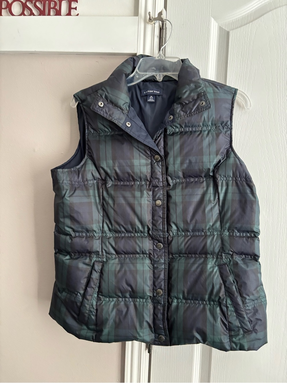 Lands' End Quilted Plaid Puffer Vest in Black & Green